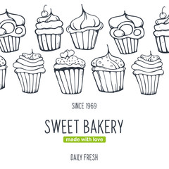 Cupcakes and Cakes banner with sketches hand drawing background.