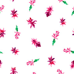 Watercolor Pink Christmas Cactus Seamless Pattern, Blooming Flowers Schlumbergera