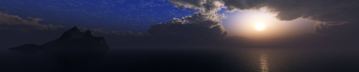 panorama of a stormy sky over a volcano, thunderclouds at sunset over water,