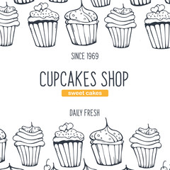 Cupcakes and Cakes banner with sketches hand drawing background.