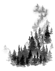 Obraz premium Winter Black and White Watercolor Silhouette of Conifer Tree, Monochrome Snow Woodland