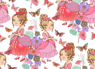 Cute princess.  Seamless pattern. Vector illustration. Suitable for fabric, wrapping paper and the like. Will be well to look in the design of children's room