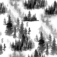 Wallpaper murals Forest Winter Black and White Watercolor Seamless Pattern of Conifer Tree, Monochrome Snow Woodland