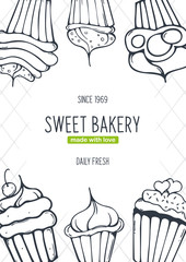 Cupcakes and Cakes banner with sketches hand drawing background.