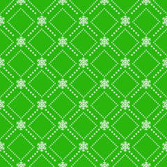 Vector seamless geometric pattern with snowflakes on green background; holiday design for greeting card, gift box, wallpaper, wrapping paper, fabric, web design.