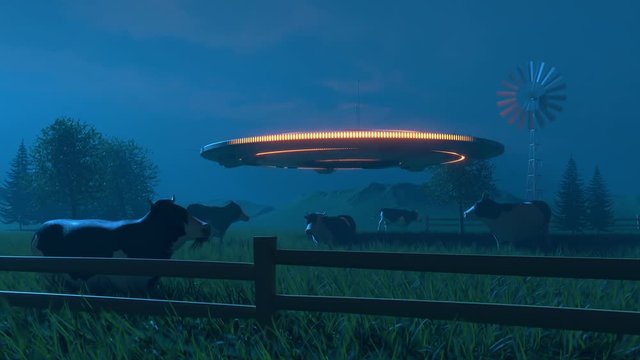 Flying saucer landing on the grassy meadow full of cows. Animal abduction. 4K