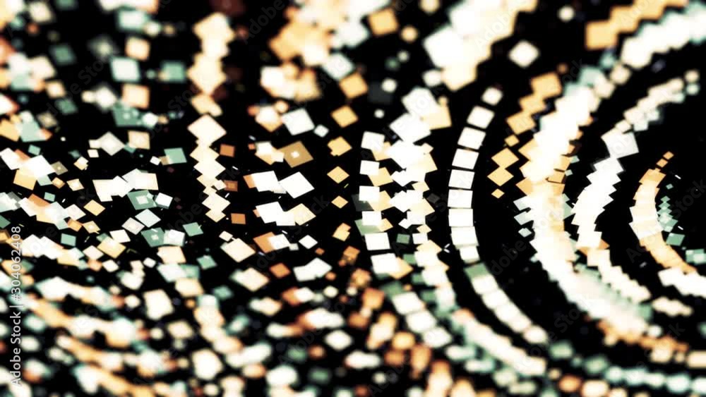 Poster abstract golden squares placed in many circles one inside another on black background, seamless loop