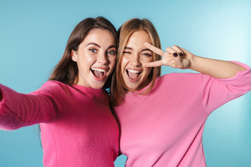 Photo of funny young women taking selfie and gesturing peace sign