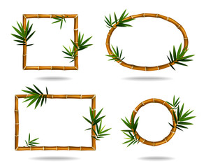 Vector bamboo frame set. Wooden frame made of bamboo sticks and bamboo leaves. Bamboo home decoration.