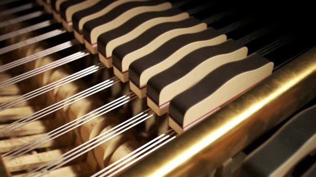 Endless animation of the grand piano inside. Hammers hit strings. Loopable. 4KHD