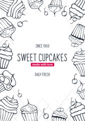 Obraz premium Cupcakes and Cakes banner with sketches hand drawing background.
