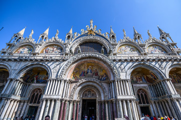 Venice, Italy. Details of facade, San Marco Basilica. The Patriarchal Cathedral Basilica of Saint Mark is the cathedral church of the Roman Catholic