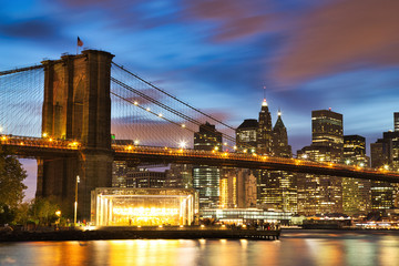 New York City Manhattan Downtown with Brooklyn Bridge at Dusk