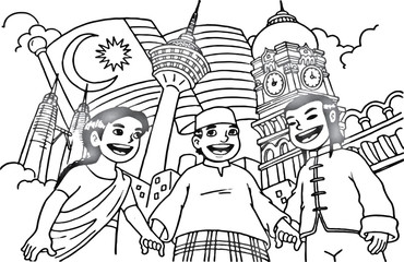Vector illustration Indian, Malay and Chinese cartoon character with Kuala Lumpur skyscrapers background, coloring book for kids, and school.