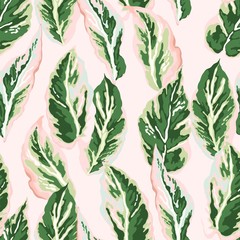 Floral foliage seamless pattern. Colorful leaves of houseplant on light pink background.