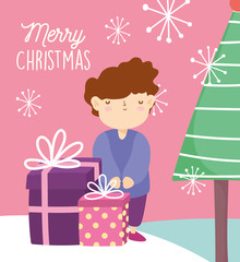 merry christmas cute boy with gifts and tree snowflakes celebration