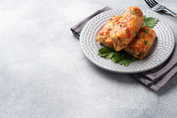 Cabbage rolls with beef, rice and vegetables on the plate. Stuffed cabbage leaves with meat. Gray concrete table Copy space.