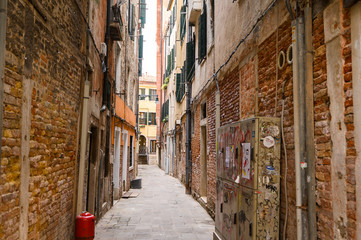 Venice, Italy, Historic city center, narrow street.
