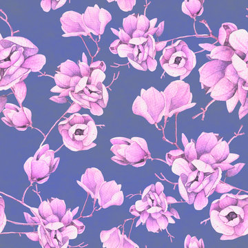 Botanical seamless pattern with Magnolia branches. Detail hand-drawn flowers. Delicate flowers. The design is suitable for textiles and interior, as well as for invitations and cards, as well as for w