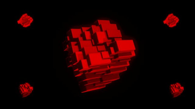 Abstract red geometric figures, big one in the center of the screen and four othes in the corners of the screen. Animation. Spinning shapes of small blocks, seamless loop.