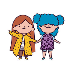 cute little girls holding hands on white background