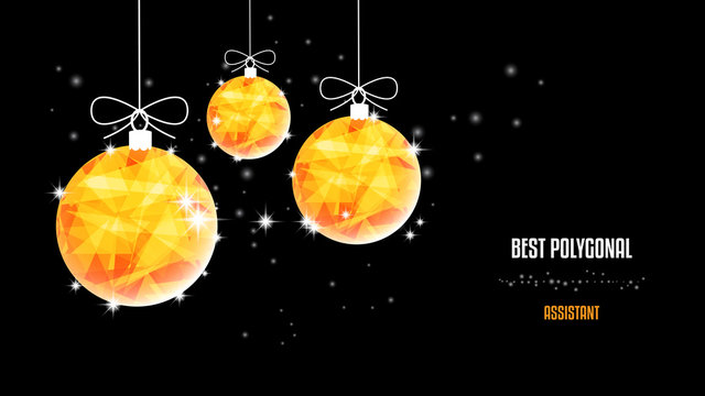 Christmas polygonal golden balls. Background of beautiful black night sky. Low poly.