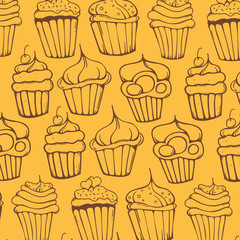  Sketches Cupcakes Background. Birthday cakes, desserts, hand drawing style.