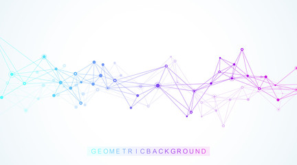 Geometric abstract background with connected line and dots. Network and connection background for your presentation. Graphic polygonal background. Wave flow. Scientific vector illustration.