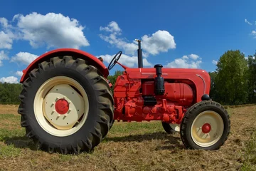 Poster Red vintage tractor in the meadow © erwin
