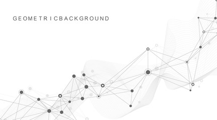 Geometric abstract background with connected line and dots. Network and connection background for your presentation. Graphic polygonal background. Wave flow. Scientific vector illustration.