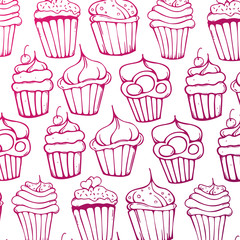 Sketches Cupcakes Background. Birthday cakes, desserts, hand drawing style.