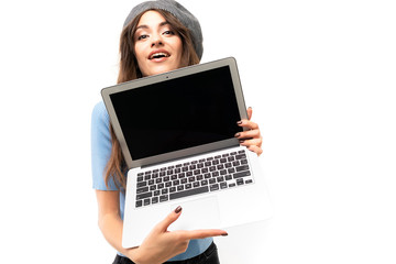 Naklejka premium Caucasian female with laptop and smiles, picture isolated on white background