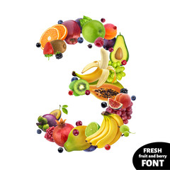 Number 3 made of different fruits and berries, fruit alphabet isolated on white background