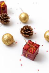 Christmas composition. Postcard, fir tree branches, red and green decorations. Flat lay, top view