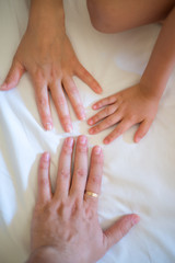  Hands of Mother, father and little daughter. Concept of unity, support, protection and happiness. Family hands