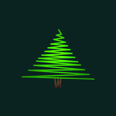 Abstract scribble christmas tree, fir tree in green color on dark background. Illustration of unusual logotype x mas icon and traditional symbol of the festive seasonal holiday. vector