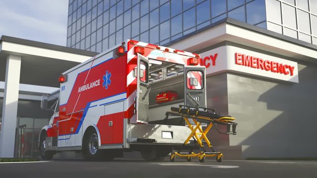 Ambulance truck standing in front of an emergency hospital entrance. 4KHD