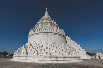 Panorama view of Hsinbyume or Myatheindan Pagoda at Mingun city near Mandalay. Amazing tourist attraction in Myanmar (Burma)
