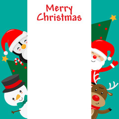 Christmas card. Santa Claus, penguin, reindeer and snowman with blank frame
