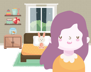 happy little girl in the bedroom with rabbit and toys