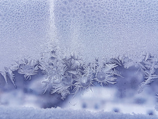 Ice pattern and frozen water drops on glass