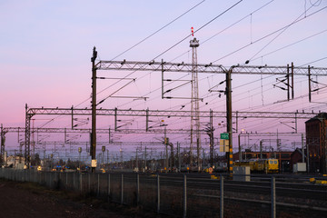 Kouvola, Finland - 15 November 2019: Railway yard at beautiful sunset background.
