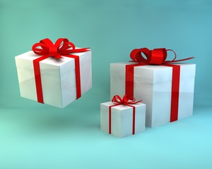 Obraz premium Pile of gift boxes or present box with red ribbon and bow isolated on light blue green pastel color background with blank space 3D rendering