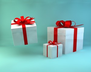 Fototapeta premium Pile of gift boxes or present box with red ribbon and bow isolated on light blue green pastel color background with blank space 3D rendering