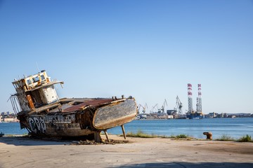 Old shipwreck at the harbor
