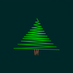 Abstract scribble christmas tree, fir tree in green color on dark background. Illustration of unusual logotype x mas icon and traditional symbol of the festive seasonal holiday. raster image
