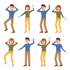 Obraz premium Angry, stressed, desperate blue shirt office boy and green shirt girl vector illustration. Shouting, pointing finger, screaming, talking on phone male and female cartoon character set on white