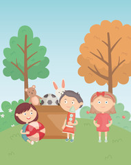 Fototapeta premium boys and girl with box and toys in the park