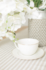 A white empty cup with plate on white tablecloth on white bright background with white flowers of orchid and green leaves like wedding morning - 304068662