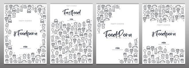 Fast Food and FoodPorn banner with tasty dishes. Burger, French Fries, Soft Drinks and Coffee. Hand draw doodle background.